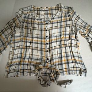 Maurices Blue, white, yellow Medium Plaid Button-Up Tie front Blouse